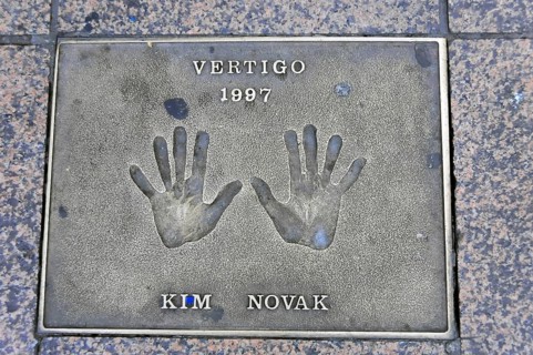 Memorial plaque with handprints and inscription for Kim Novak from 1997, London, England, Great