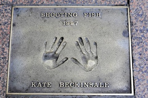 Handprints of Kate Beckinsale on a pavement slab from 1997, London, England, Great Britain