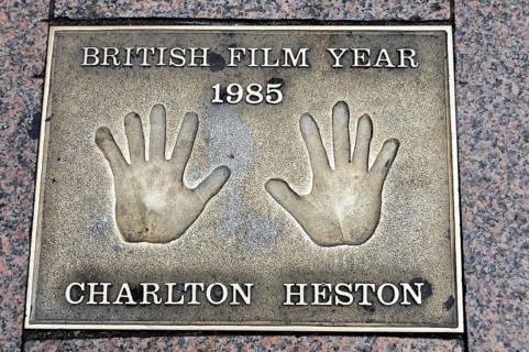 Charlton Heston's handprints for British Film Year 1985 on a metal plate, London, England, Great