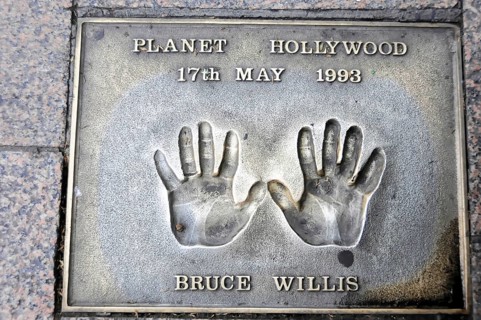 Handprints of Bruce Willis on a pavement slab from 1993, London, England, Great Britain