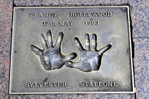 Sylvester Stallone's handprints for Planet Hollywood on a metal plate, London, England, Great