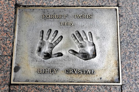 Billy Crystal's handprints for the film Forget Paris on a metal plate, London, England, Great