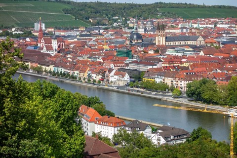 Aerial view of Wuerzburg, a city in the Franconia region in Bavaria, Germany, at summer time