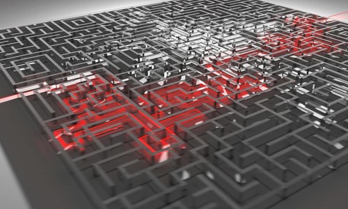 Labyrinth with red illuminated way through