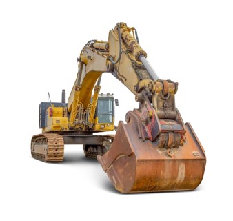 Dynamic shot of a yellow excavator with huge shovel in white back with shadow