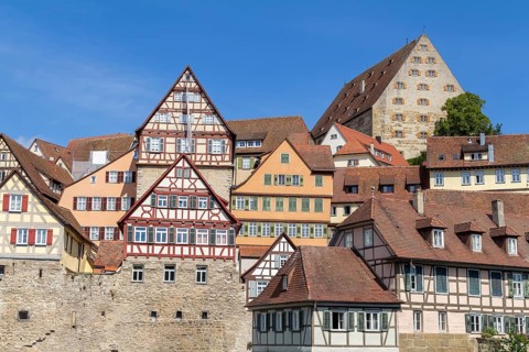 City view of a town named Schwaebisch Hall in Southern Germany at summer time