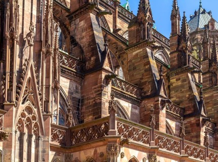 Sunny detail of the Strasbourg Cathedral in Strasbourg, a city at the Alsace region in France