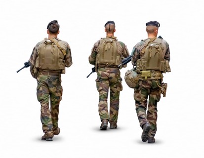 Rear view of a three person military patrol isolated in white back with shadow