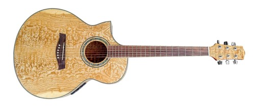 Wooden acoustic guitar in white back