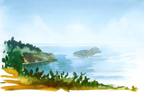 Watercolor painting showing a coastal landscape in Tuscany at summer time