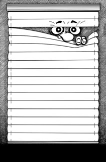 Black and white hatched illustration showing a comic-styled face lurking through a sunblind