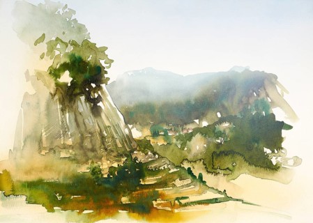 Watercolor painting showing a landscape in Tuscany at summer time
