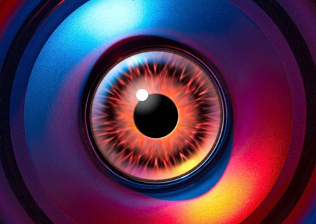 A colorful illuminated open alien eye