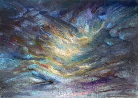 Abstract picture painted by me showing a mountain and valley in pastel colors