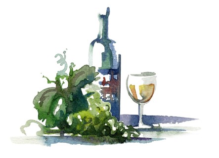 Watercolor illustration of a green wine grape with leaves and wine bottle in white back
