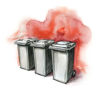 Watercolor and crayon illustration showing some grey garbage cans in red back