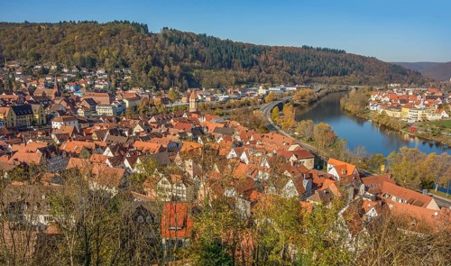 Aerial view of Wertheim, a town in Southern Germany at evening time