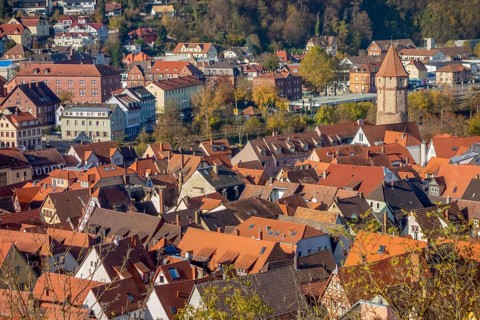 Aerial view of Wertheim, a town in Southern Germany at evening time