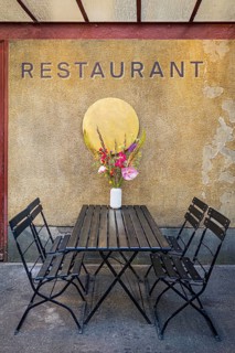Restaurant, table, flowers, seat, empty, nobody