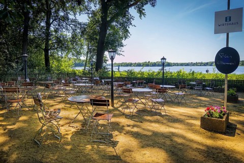 Empty beer garden, gastronomy, pub, Wannsee, Berlin, Germany