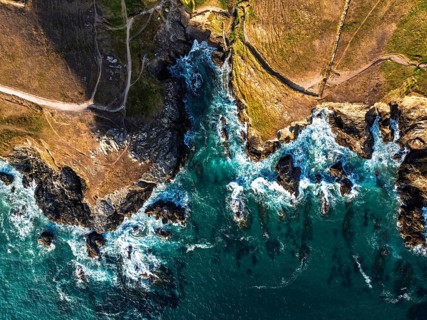 Top Down view over cliffs from a drone, Lizard Peninsula, South West Coast Path, Lizard, Cornwall,