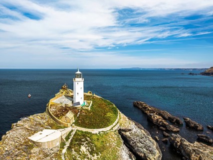 Godrevy Lighthouse from a drone, Godrevy Island, St Ives Bay, Cornwall, England, United Kingdom