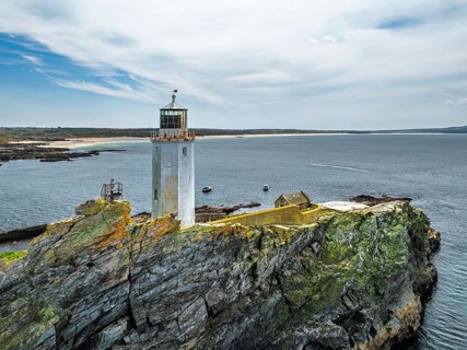 Godrevy Lighthouse from a drone, Godrevy Island, St Ives Bay, Cornwall, England, United Kingdom