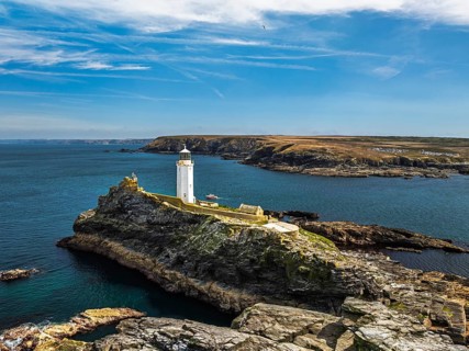 Godrevy Lighthouse from a drone, Godrevy Island, St Ives Bay, Cornwall, England, United Kingdom