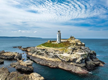 Godrevy Lighthouse from a drone, Godrevy Island, St Ives Bay, Cornwall, England, United Kingdom