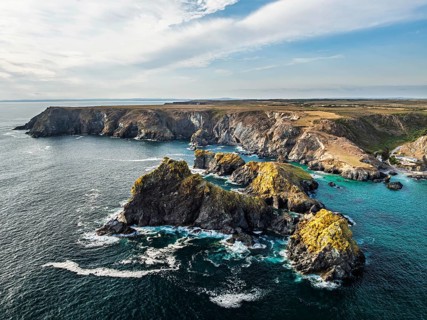 Kynance Cove from a drone, Mount's Bay, Lizard Point, Cornwall, England, United Kingdom