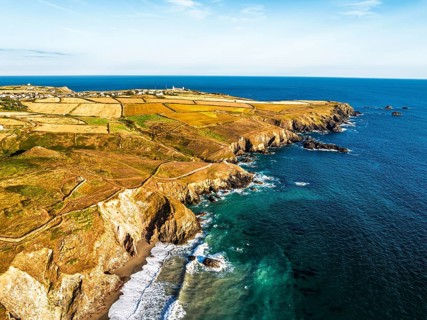 Lizard Peninsula cliffs from a drone, South West Coast Path, Lizard, Cornwall, England, United