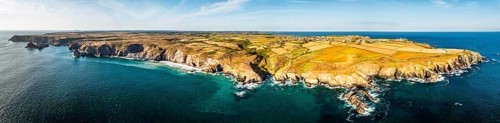 Panorama of Lizard Peninsula cliffs from a drone, South West Coast Path, Lizard, Cornwall, England,