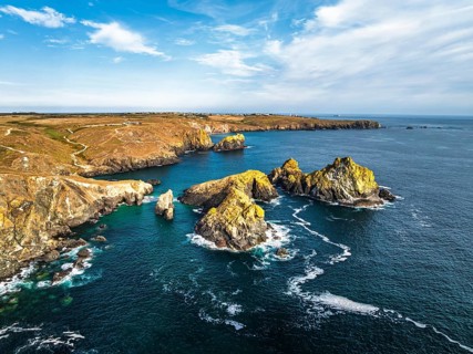 Kynance Cove from a drone, Mount's Bay, Lizard Point, Cornwall, England, United Kingdom