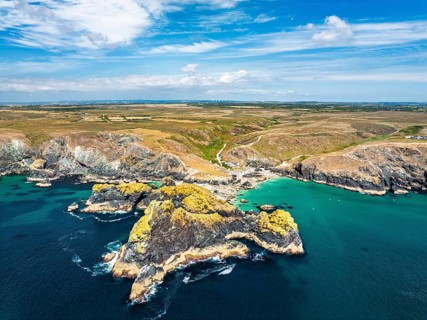 Kynance Cove from a drone, Mount's Bay, Lizard Point, Cornwall, England, United Kingdom
