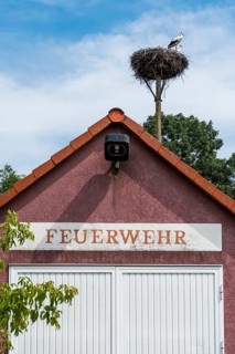 Stork's nest in the village of Gantikow near Kyritz, Brandenburg, Germany