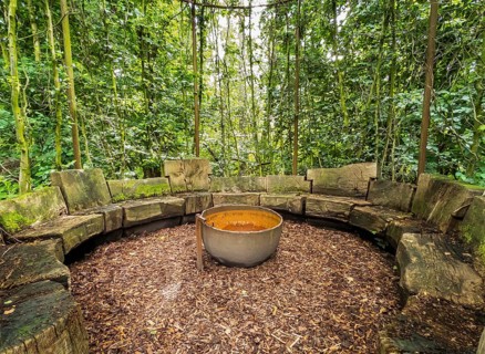 Benches in a cottage garden, esotericism, forest, Sutthausen, Osnabrück, Lower Saxony, Germany