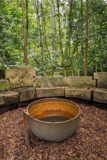 Benches in a cottage garden, esotericism, forest, Sutthausen, Osnabrück, Lower Saxony, Germany