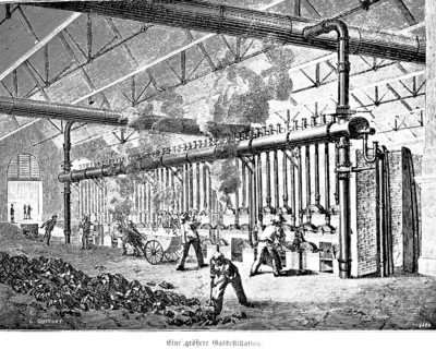 A larger gas distillation, production, stoker, worker, gas distillation, factory, hall, pipes,