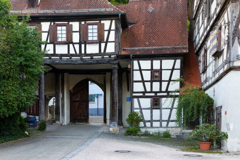 Monastery complex, archway, half-timbered house, Blaubeuren, Swabian Alb, Baden-Württemberg,