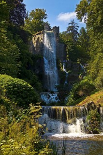 Water features at the equaduct with the highest artificial waterfall in a landscaped garden,
