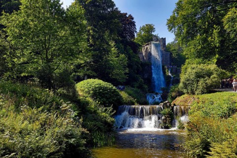 Water features at the equaduct with the highest artificial waterfall in a landscaped garden,