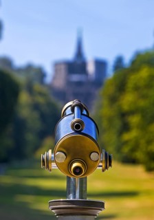 Bergpark Wilhelmshöhe, sharp, nostalgic telescope looking towards the blurred Hercules building,