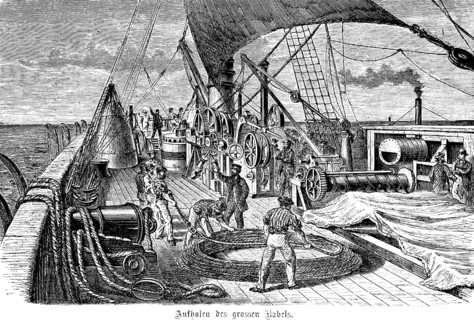 Recovering the large cable from the first failed attempt at an overseas cable from Ireland to