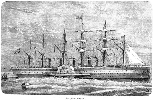 Great Eastern steamship and cable carrier, paddle steamer, four-master, five funnels, 1866