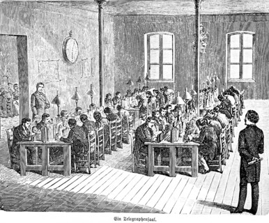 Telegraph room, Morse code writer, work, profession, many men sitting in rows, supervisor,