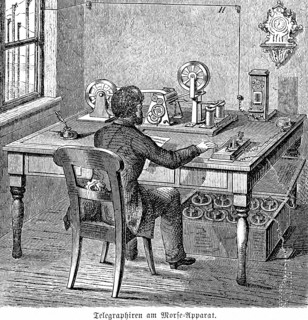 Telgraphing on the Morse code machine, writing telegraph, Morse code writer or Morse code machine,
