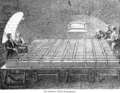 The Lodon giant trough apparatus of the chemist Davy, electroplating, electrochemistry, people,