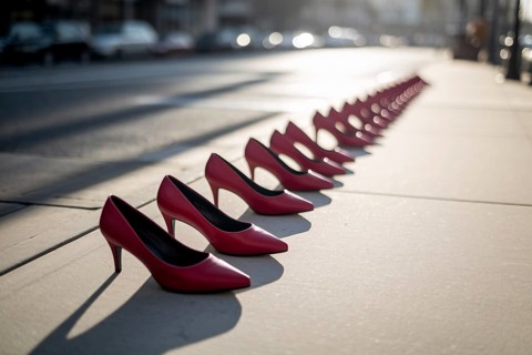Red high heel shoes lined up on a street. Generative AI, AI generated