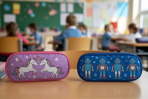 Two children's pencil cases with stereotypical gender colors and themes. Generative AI, AI