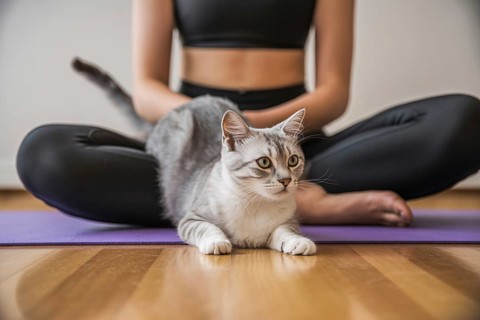 Cat sitting on woman practicing yoga on mat. Pet interrupting home workout and mindfulness